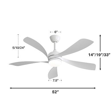 52 in. White LED Ceiling Fan With 3 Color Dimmable 5 ABS Blades Remote Control Reversible DC Motor
