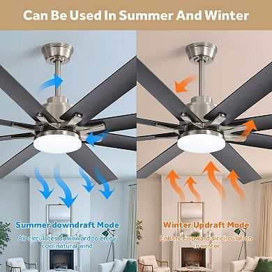 66 in. Large Ceiling Fan With Dimmable Led Light 8 ABS Blades Smart Remote Control
