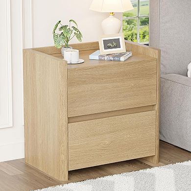 ZUQIETA Modern Nightstand with 2 Drawers & Cut-Out Handle, Oak End Table for Bedroom&Office