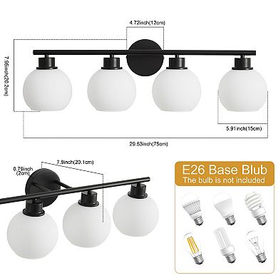 POWLIG 29.53" 4-Light Dimmable Bathroom Vanity Light - Black Finish with Milky White Glass Shades