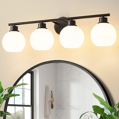 POWLIG 29.53" 4-Light Dimmable Bathroom Vanity Light - Black Finish with Milky White Glass Shades