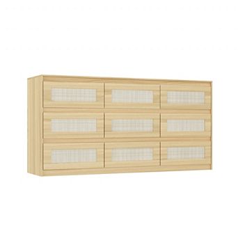 Modern Brown 9-Drawer Storage Cabinet Dresser with Woven Fronts