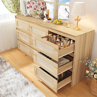 Modern Brown 9-Drawer Storage Cabinet Dresser with Woven Fronts