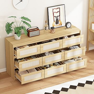 Modern Brown 9-Drawer Storage Cabinet Dresser with Woven Fronts