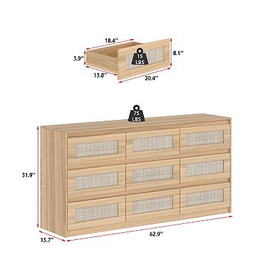 Modern Brown 9-Drawer Storage Cabinet Dresser with Woven Fronts