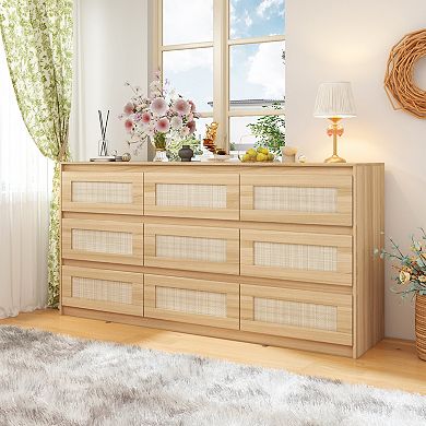 Modern Brown 9-Drawer Storage Cabinet Dresser with Woven Fronts