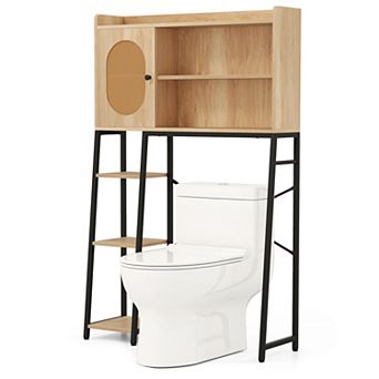Over The bath fixture Storage Cabinet with Rattan Door and Open Storage Shelves