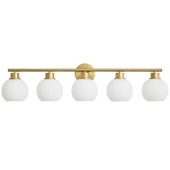 POWLIG 38.98" 5-Light Dimmable Bathroom Vanity Light - Gold Finish with Milky White Glass Shades