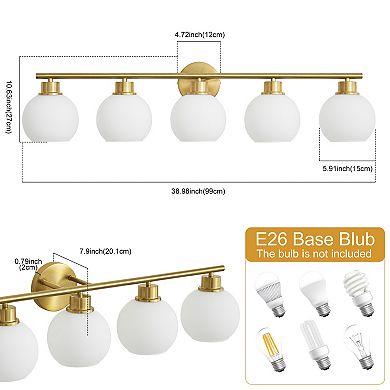 POWLIG 38.98" 5-Light Dimmable Bathroom Vanity Light - Gold Finish with Milky White Glass Shades