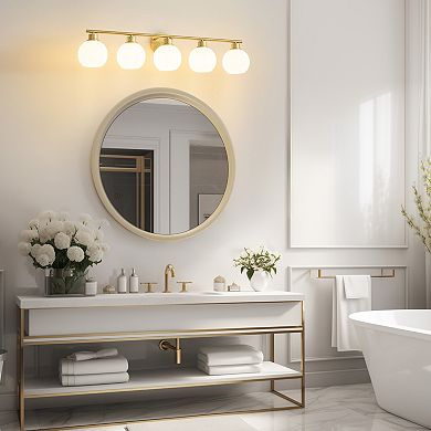 POWLIG 38.98" 5-Light Dimmable Bathroom Vanity Light - Gold Finish with Milky White Glass Shades