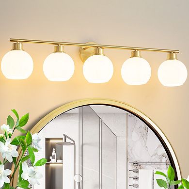 POWLIG 38.98" 5-Light Dimmable Bathroom Vanity Light - Gold Finish with Milky White Glass Shades