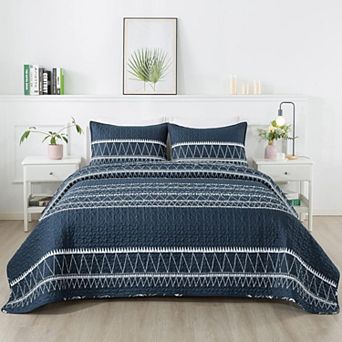 Navy Boho Quilt Set 3 pc Reversible, Lightweight & All-Season Soft Microfiber. Queen Size 90"x96"