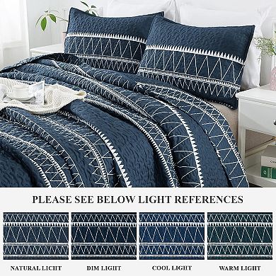 Navy Boho Quilt Set 3-Pc! Reversible, Lightweight & All-Season Soft Microfiber. Queen Size 90"x96"