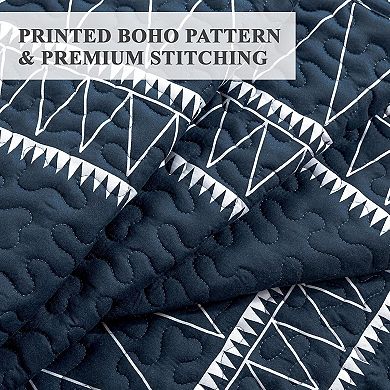 Navy Boho Quilt Set 3-Pc! Reversible, Lightweight & All-Season Soft Microfiber. Queen Size 90"x96"