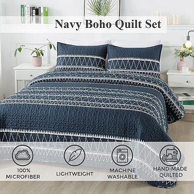 Navy Boho Quilt Set 3-Pc! Reversible, Lightweight & All-Season Soft Microfiber. Queen Size 90"x96"