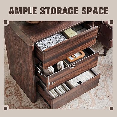 ZUQIETA 6 Modern Nightstand with Charging Station,3Drawers&Open Shelf, Brown Wood Rounded Design