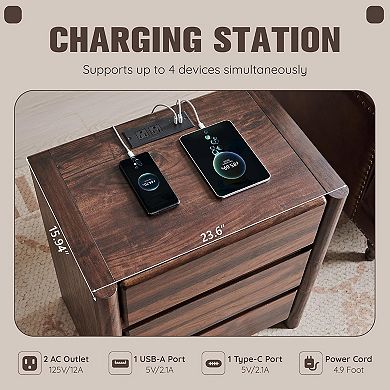 ZUQIETA 6 Modern Nightstand with Charging Station,3Drawers&Open Shelf, Brown Wood Rounded Design