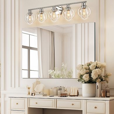 POWLIG 38.98" 5-Light Dimmable Bathroom Vanity Light - Black&Gold Finish with Clear Glass Shades