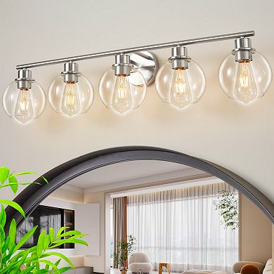 POWLIG 38.98" 5-Light Dimmable Bathroom Vanity Light - Black&Gold Finish with Clear Glass Shades