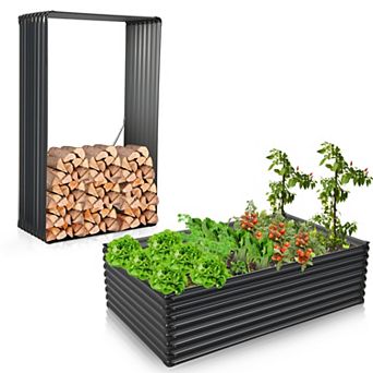 Costway 2 pc Galvanized Raised Garden Bed Outdoor Planter Box Firewood Rack Log Holder