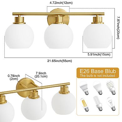 POWLIG 21.65" 3-Light Dimmable Bathroom Vanity Light - Black Finish with Milky White Glass Shades