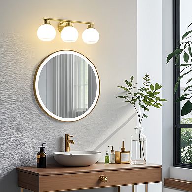 POWLIG 21.65" 3-Light Dimmable Bathroom Vanity Light - Black Finish with Milky White Glass Shades