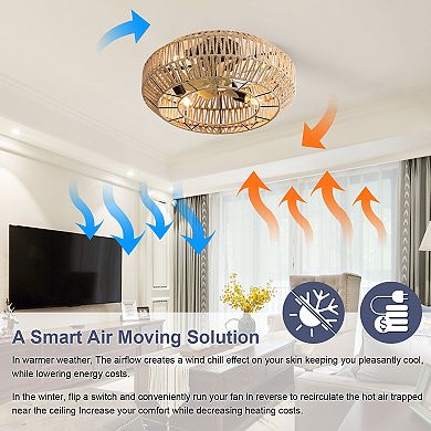 22 in. New Boho Caged Ceiling Fan With Enclosed Rattan 6 Speeds Remote Control