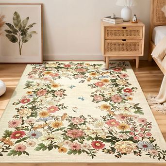 Rugs for Living Room, Washable Floral Area Rug Non Slip Soft, Low Pile Ultra-Thin Carpet