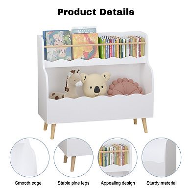 Kids' Bookcase, Book & Toy Storage Rack, 2-Tier Design with Wavy Shelves, White