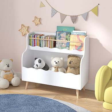 Kids' Bookcase, Book & Toy Storage Rack, 2-Tier Design with Wavy Shelves, White