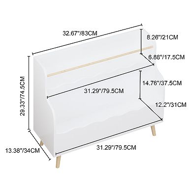 Kids' Bookcase, Book & Toy Storage Rack, 2-Tier Design with Wavy Shelves, White