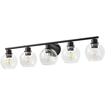 POWLIG 38.98" 5-Light Dimmable Bathroom Vanity Light - Black&Gold Finish with Clear Glass Shades