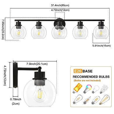 POWLIG 38.98" 5-Light Dimmable Bathroom Vanity Light - Black&Gold Finish with Clear Glass Shades