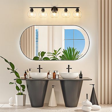 POWLIG 38.98" 5-Light Dimmable Bathroom Vanity Light - Black&Gold Finish with Clear Glass Shades