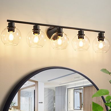 POWLIG 38.98" 5-Light Dimmable Bathroom Vanity Light - Black&Gold Finish with Clear Glass Shades