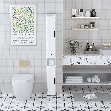 67.51-Inch Freestanding Bathroom Storage Cabinet with Adjustable Shelves and Open Compartments