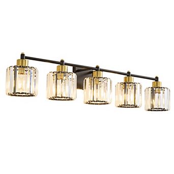 POWLIG 39" 5-Light Gold Vanity Light with Crystal Shades - Dimmable Bathroom Lighting Fixtures