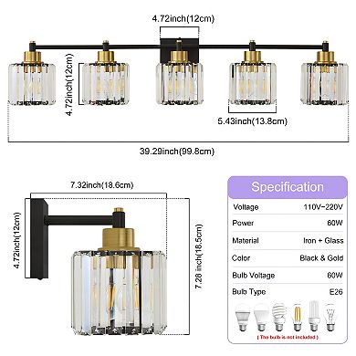 POWLIG 39" 5-Light Black Gold Vanity Light with Crystal Shades - Dimmable Bathroom Lighting Fixtures