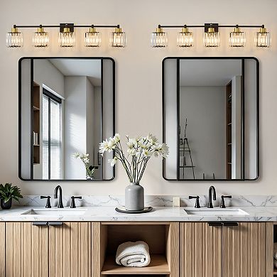 POWLIG 39" 5-Light Black Gold Vanity Light with Crystal Shades - Dimmable Bathroom Lighting Fixtures