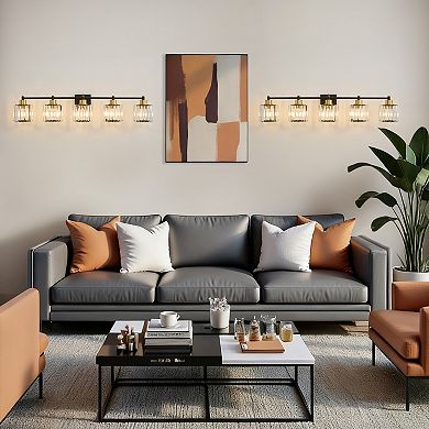 POWLIG 39" 5-Light Black Gold Vanity Light with Crystal Shades - Dimmable Bathroom Lighting Fixtures