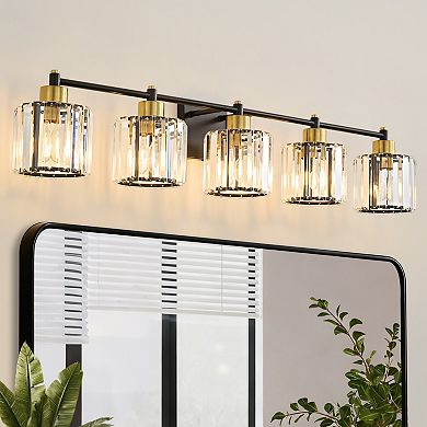 POWLIG 39" 5-Light Black Gold Vanity Light with Crystal Shades - Dimmable Bathroom Lighting Fixtures