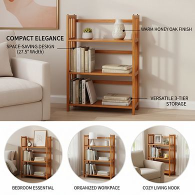 ZUQIETA Folding Stackable Bookcase - 3-Shelf Space Saver in Warm Honey Oak, 27.5" Wide