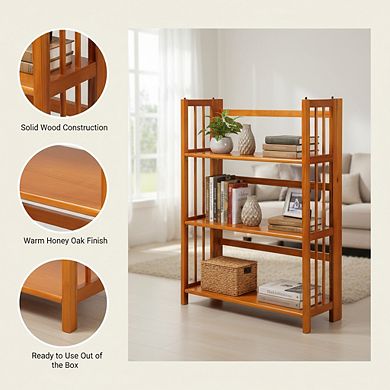 ZUQIETA Folding Stackable Bookcase - 3-Shelf Space Saver in Warm Honey Oak, 27.5" Wide