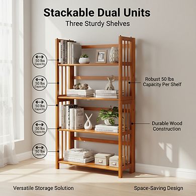 ZUQIETA Folding Stackable Bookcase - 3-Shelf Space Saver in Warm Honey Oak, 27.5" Wide