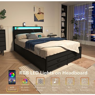 Lufeiya Queen Size Bed Frame with LED Headboard, 8 Drawers, USB Ports, Metal Platform bed