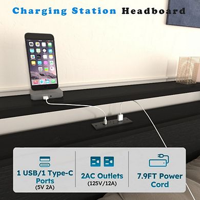 Lufeiya Queen Size Bed Frame with LED Headboard, 8 Drawers, USB Ports, Metal Platform bed