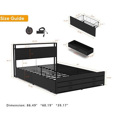 Lufeiya Queen Size Bed Frame with LED Headboard, 8 Drawers, USB Ports, Metal Platform bed