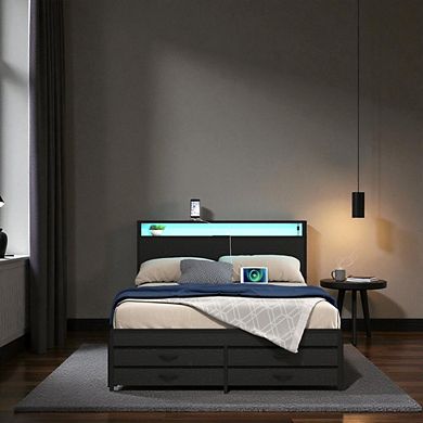 Lufeiya Queen Size Bed Frame with LED Headboard, 8 Drawers, USB Ports, Metal Platform bed