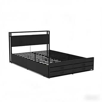 Lufeiya Queen Size Bed Frame with LED Headboard, 8 Drawers, USB Ports, Metal Platform bed