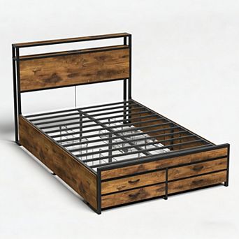 Lufeiya Queen Size Bed Frame with LED Headboard, 8 Drawers, USB Ports, Metal Platform bed